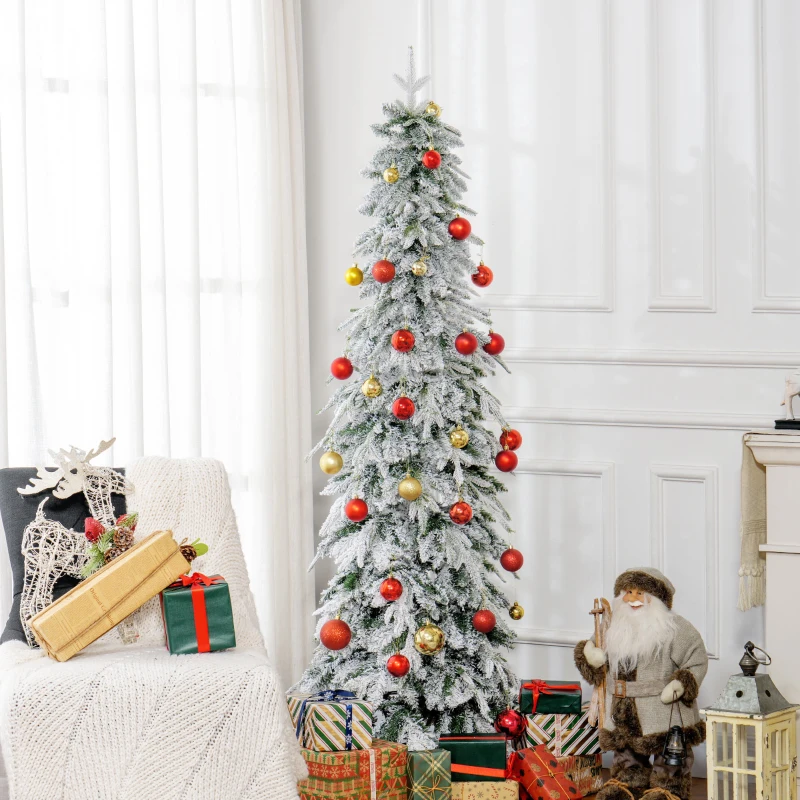 HOMCOM 6ft Pencil Flocked Artificial Christmas Tree with 600 Branch Tips, Auto Open and Steel Base, Green