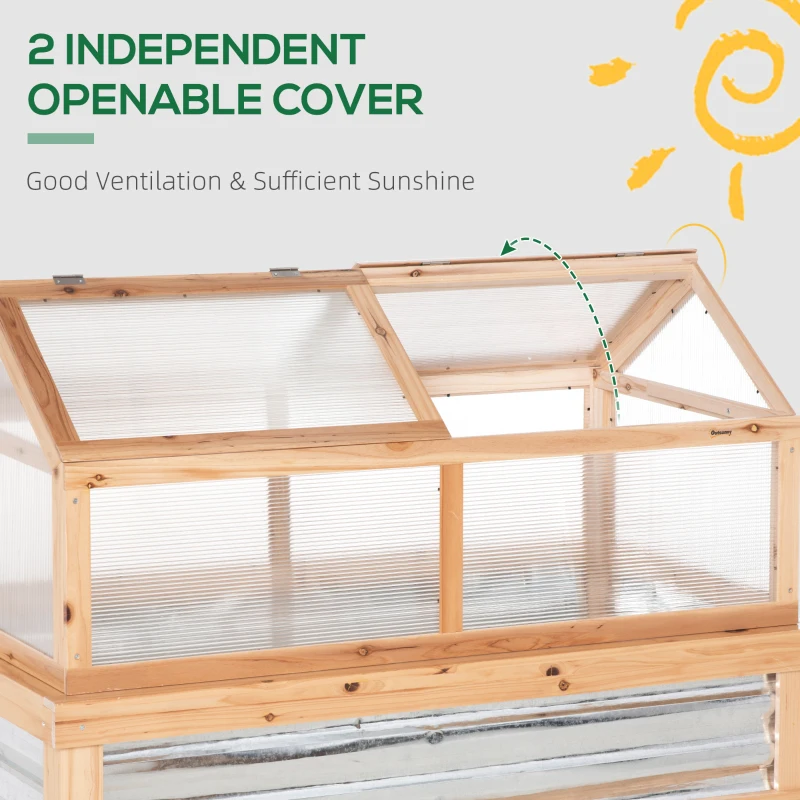 Outsunny Raised Garden Flower Bed Kit with Greenhouse, Wooden Cold Frame Planter, 48" x 24" x 32", Natural
