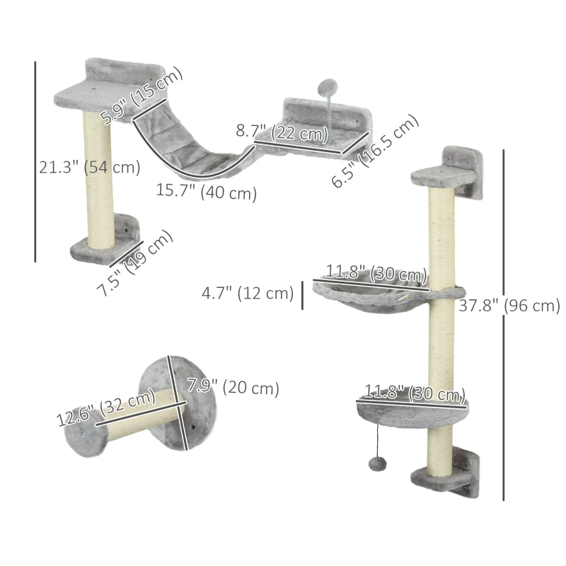 PawHut 4PCs Cat Wall Shelves with Hammock, Scratching Post, Ladder, Steps, Platforms, Toy Balls, Grey