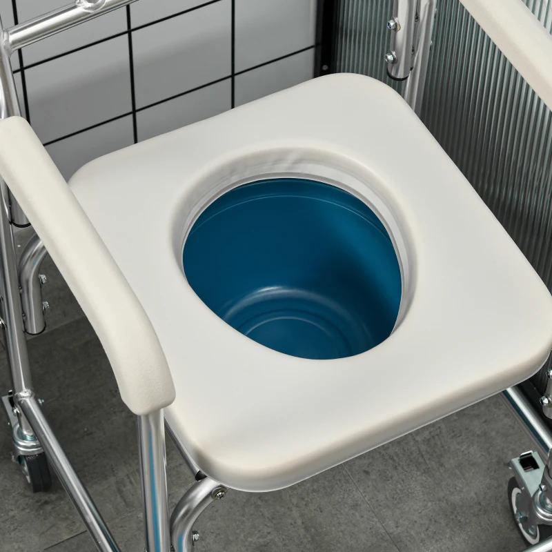 HOMCOM 3-in-1 Shower Commode Wheelchair, Transport Beside Commode Chair with Padded Seat for the Elderly, Disabled
