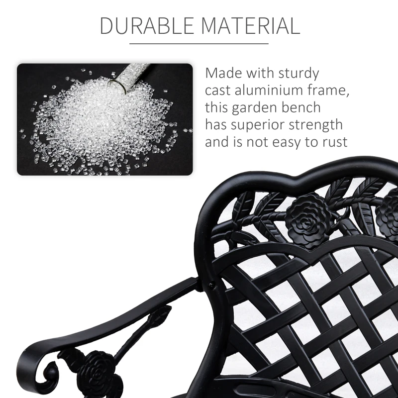 Outsunny Metal Garden Bench, 2 Seater Outdoor Patio Loveseat with Armrest and Floral Scroll Backrest, 42.1"x22.8"x33.5", Black