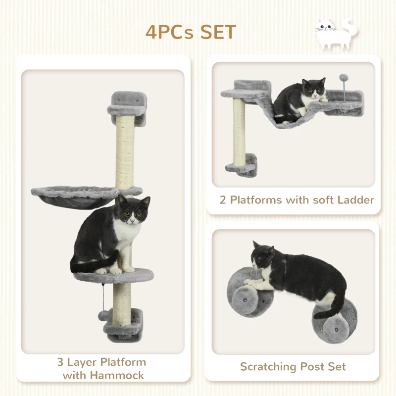PawHut 4PCs Cat Wall Shelves with Hammock, Scratching Post, Ladder, Steps, Platforms, Toy Balls, Grey