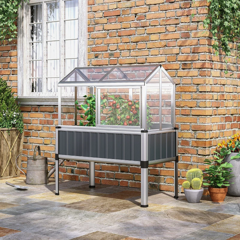 Outsunny 45"x24"x51" Raised Garden Bed with Greenhouse, Windows, Galvanized Steel Frame for Vegetables Flowers Herbs, Dark Grey