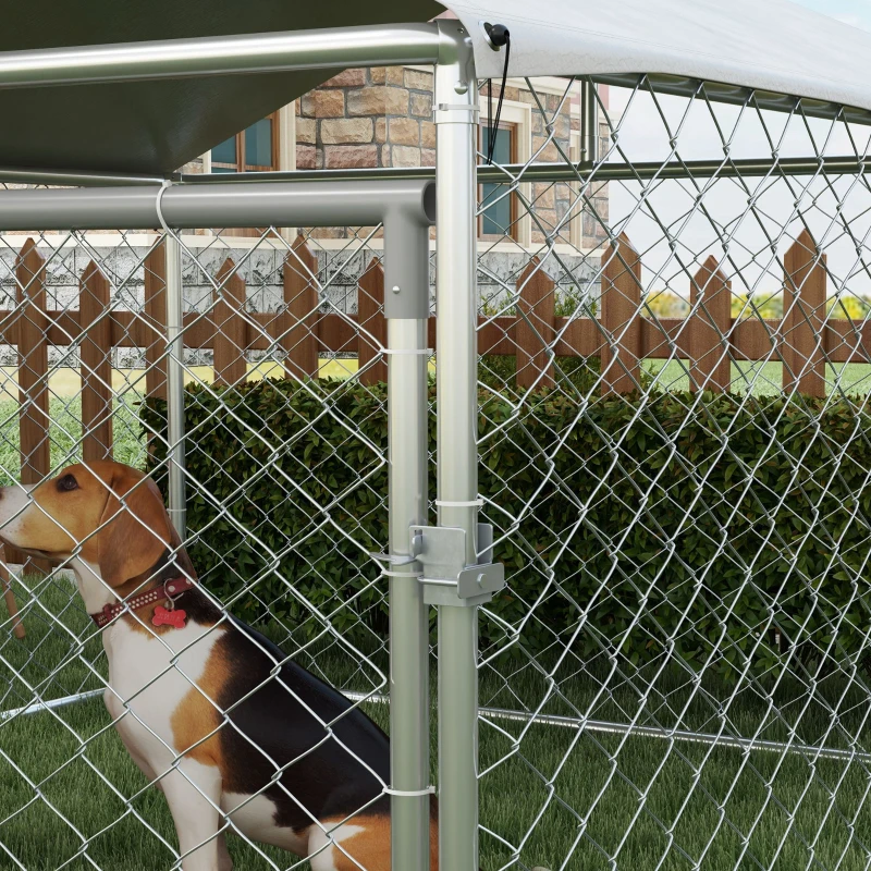 PawHut 6.6' x 6.6' x 4.9' Outdoor Dog Kennel Heavy Duty Galvanized Steel Chain Link with UV-resistant Roof, Silver