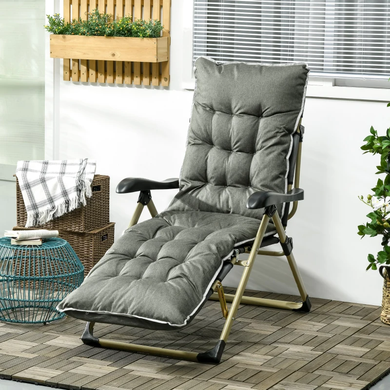 Outsunny Outdoor Folding Reclining Lounge Chair w/ Cushion, Adjustable Backrest and Footrest for Patio, Poolside, Beach, Grey