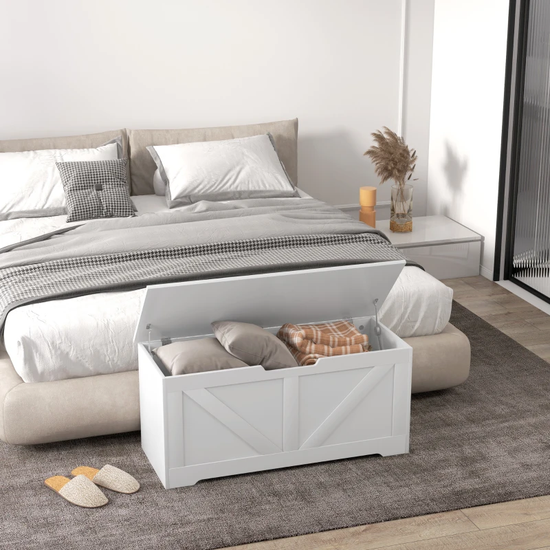 HOMCOM 39.4 Inches Storage Chest, Storage Trunk with 2 Safety Hinges, Wooden Box for Living Room, White Wood Grain