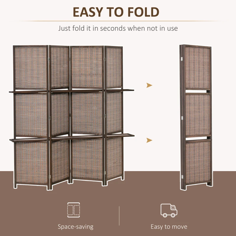 HOMCOM 4 Panel Room Divider, 6ft Tall Bamboo Folding Screen with 2 Storage Shelves for Bedroom, Office, Brown