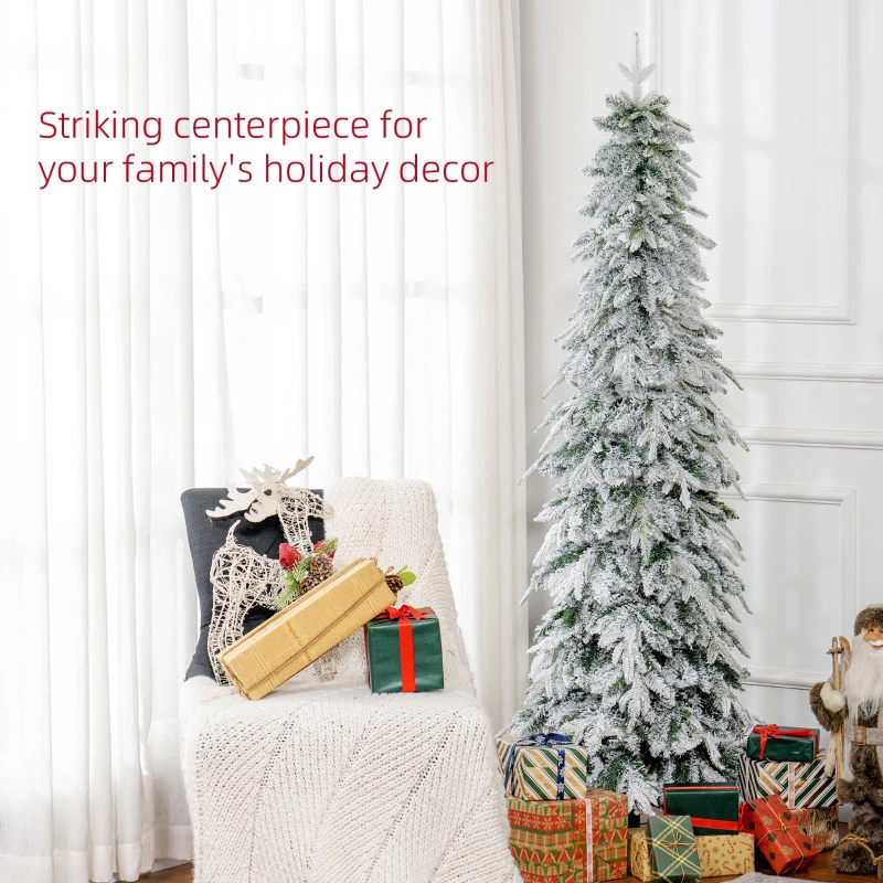 HOMCOM 6ft Pencil Flocked Artificial Christmas Tree with 600 Branch Tips, Auto Open and Steel Base, Green