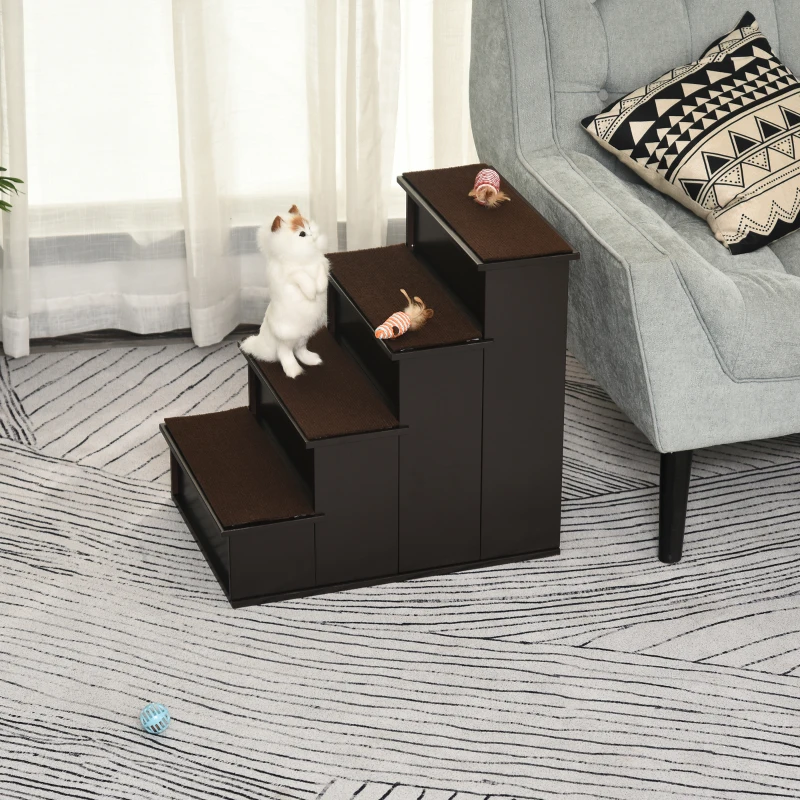 PawHut 4 Levels Wooden Dog Steps Pet Stairs for High Bed, Cat Ladder for Bed Couch with Non-Slip Carpet, Dark Coffee