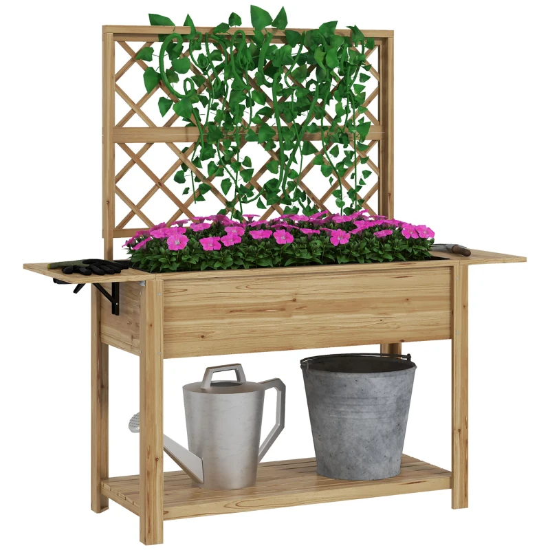 Outsunny Wood Planter with Trellis for Climbing Plants, Raised Garden Bed with Foldable Shelves, 55.1" x 17.7" x 59.4", Natural