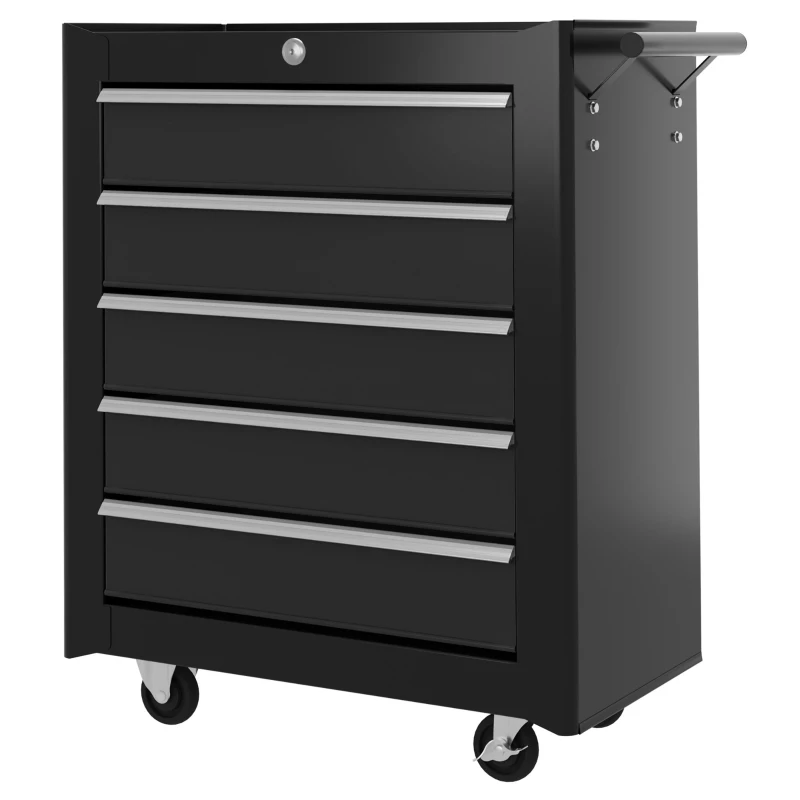 HOMCOM 5 Drawer Roller Tool Chest, Mobile Lockable Toolbox, Storage Organizer with Handle for Workshop Mechanics Garage, Black