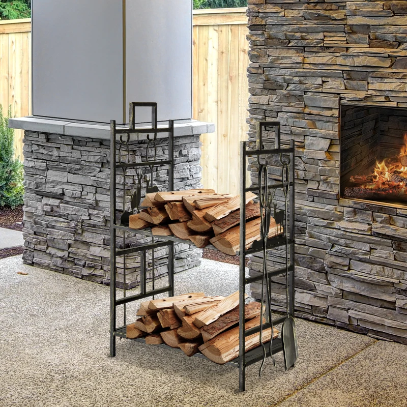 Outsunny 2-Layer Heavy Duty Firewood Rack Wood Log Fireplace Stacker  w/ 4 Tools, Black and Gold