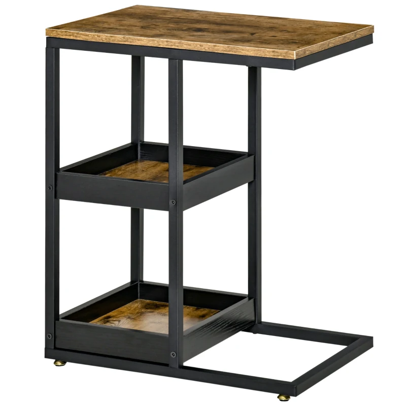HOMCOM Side Table, C Shaped End Coffee Table, Industrial Nightstand with Storage Shelves, Metal Frame for Living Room, Bedroom, Rustic Brown