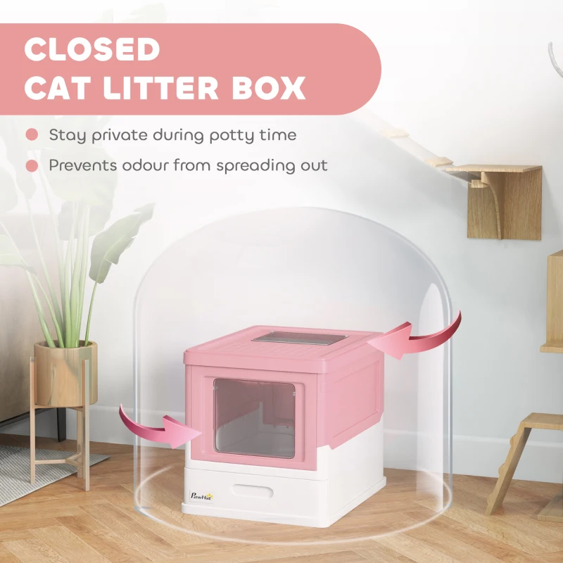 PawHut Top Entry Enclosed Kitty Litter Box with Scoop, Tray, Front Entry, Large Space, Foldable, Portable, Pink
