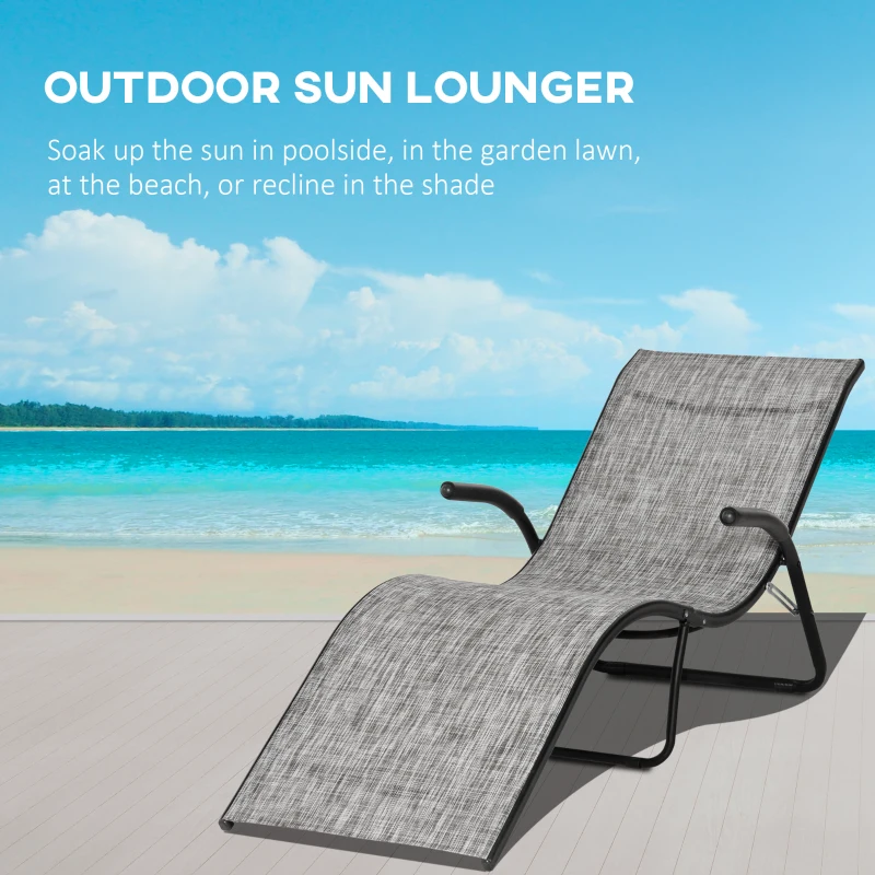 Outsunny Outdoor Lounge Chair with Armrest, Folding Tanning Chair for Beach, Poolside and Patio, Grey