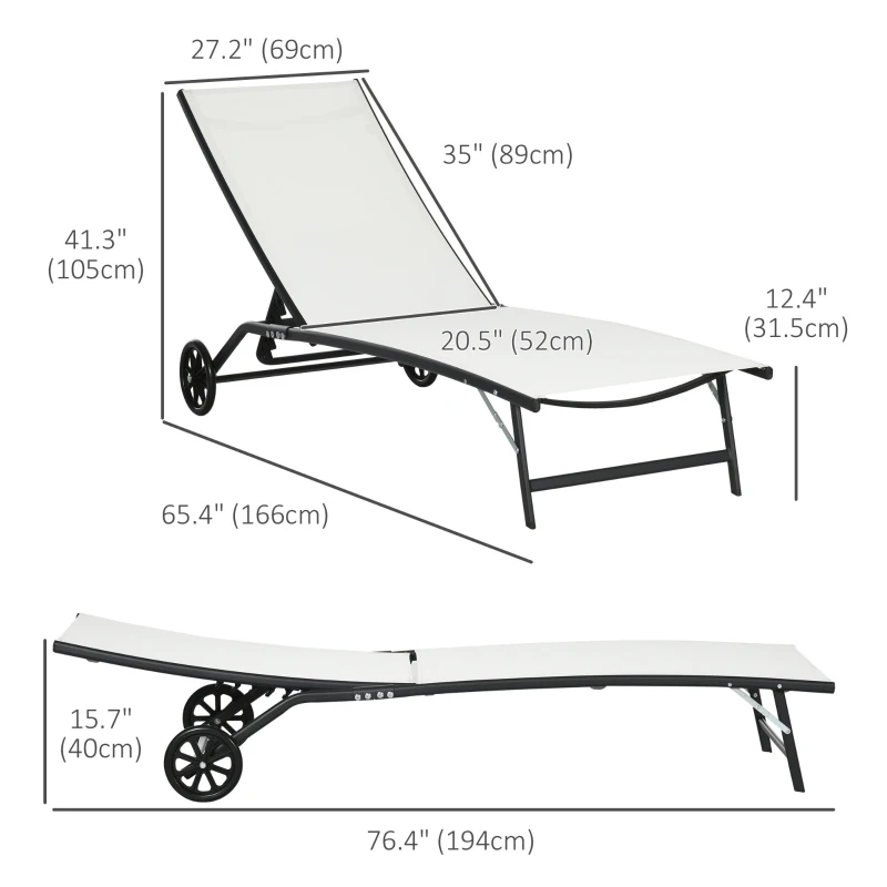 Outsunny 2PCs Lounge Chairs with Wheels, 5-Level Adjustable Backrest for Garden, Backyard, Patio, Deck, Poolside, White