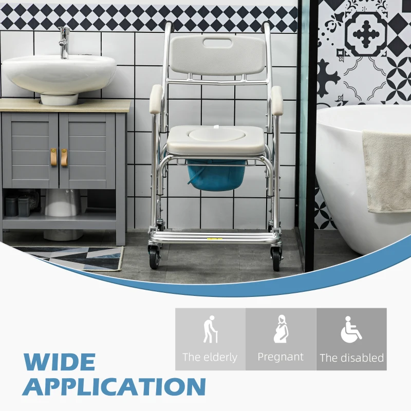 HOMCOM 3-in-1 Shower Commode Wheelchair, Transport Beside Commode Chair with Padded Seat for the Elderly, Disabled