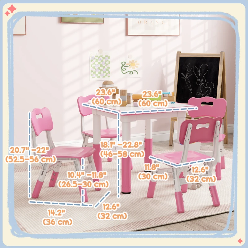 Qaba 5 Pieces Toddler Table and Chair Set, Height Adjustable Activity Table and Chair Set for Nursery Classroom, Pink