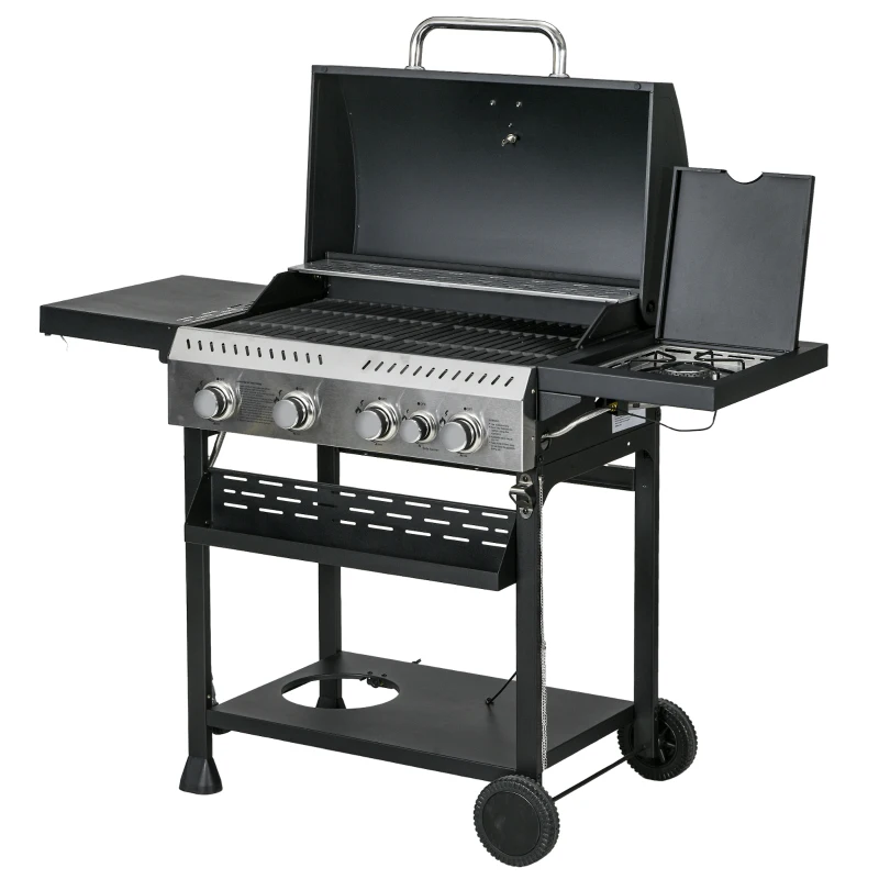 Outsunny 40,000 BTU Propane Gas Grill BBQ Cart with 4 Main Burners, 1 Side Burner, with Warming Rack, Side Prep Tables, Black