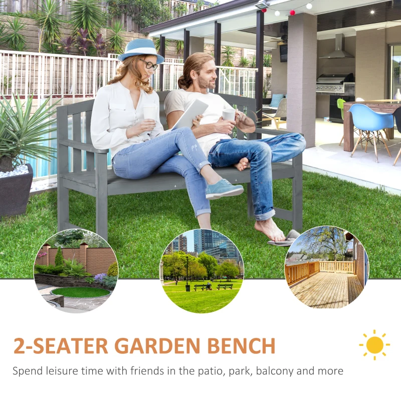 Outsunny Wooden Bench, Outdoor Bench with Slatted Design, Backrest, Armrests for Garden, Park, Backyard, Grey