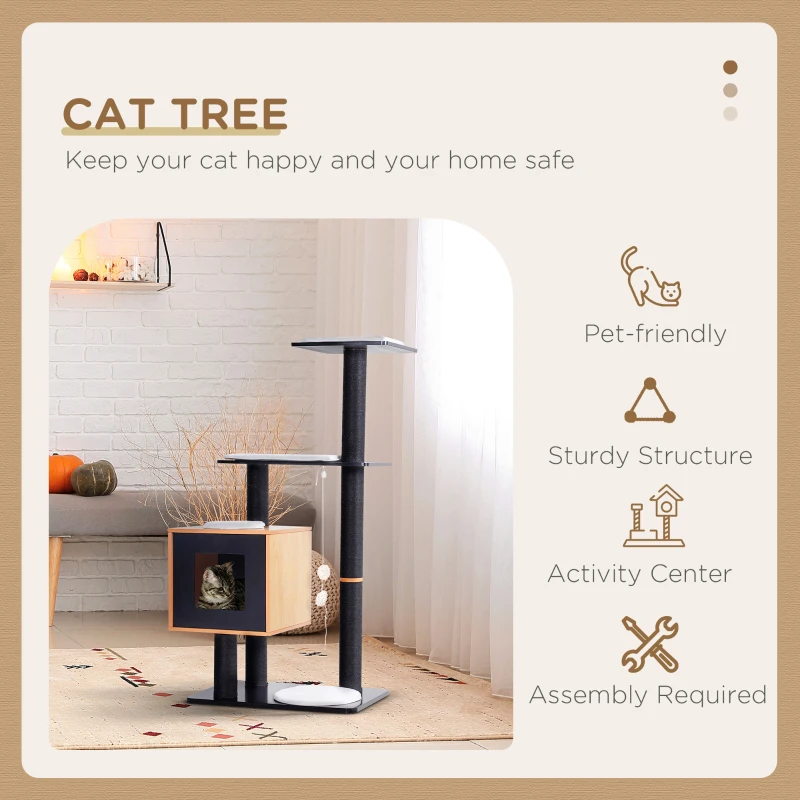 PawHut 47.2" Cat Tree, Kitten Scratcher, Activity Center, Play House with Condo Sisal, Scratching Post, and Mat, Black