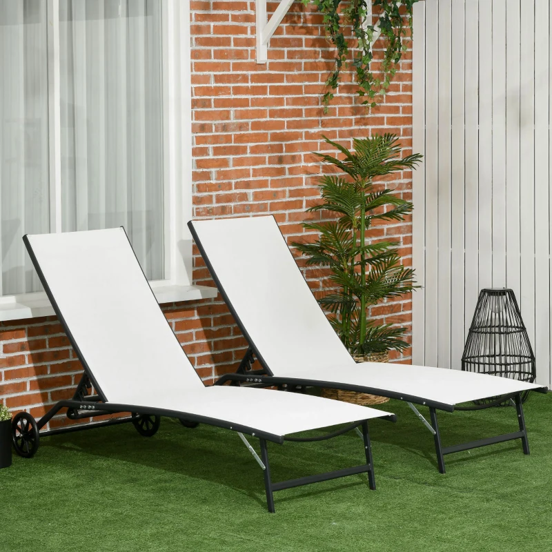 Outsunny 2PCs Lounge Chairs with Wheels, 5-Level Adjustable Backrest for Garden, Backyard, Patio, Deck, Poolside, White