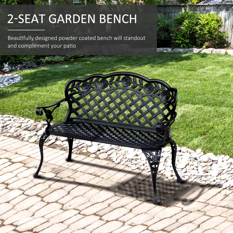 Outsunny Metal Garden Bench, 2 Seater Outdoor Patio Loveseat with Armrest and Floral Scroll Backrest, 42.1"x22.8"x33.5", Black