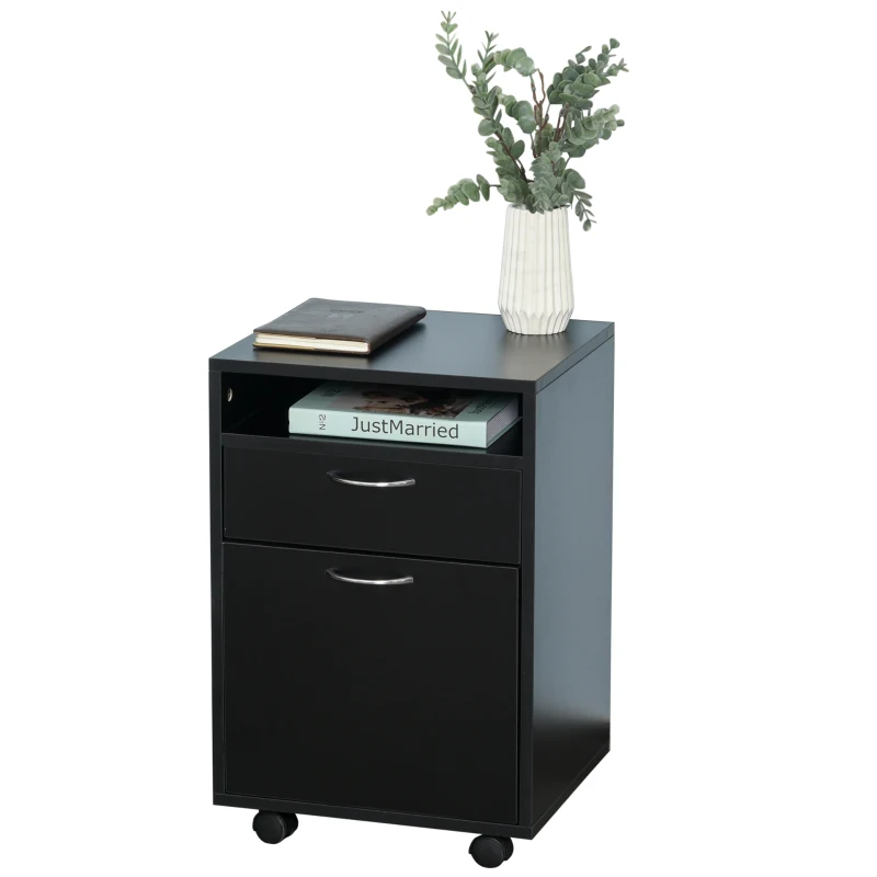 HOMCOM Mobile Storage Cabinet Organizer with Drawer and Cabinet, Printer Stand with Castors, Black