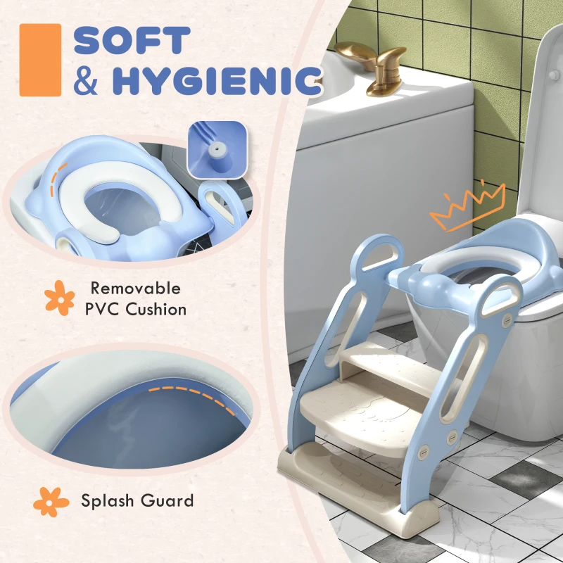 Qaba Potty Training Toilet Seat with Step Stool Ladder, Children Toilet Training Seat Chair with Soft Cushion, Handles, Non-Slip Wide Steps, Splash Guard, for Boys and Girls, Blue