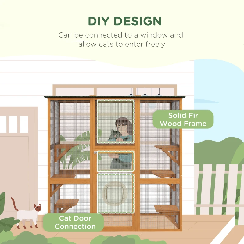 PawHut 71" x 39" x 71" Cat Cage, Large Outdoor Wooden Cat Patio with 6 Balanced Platforms and Asphalt Roof, Orange