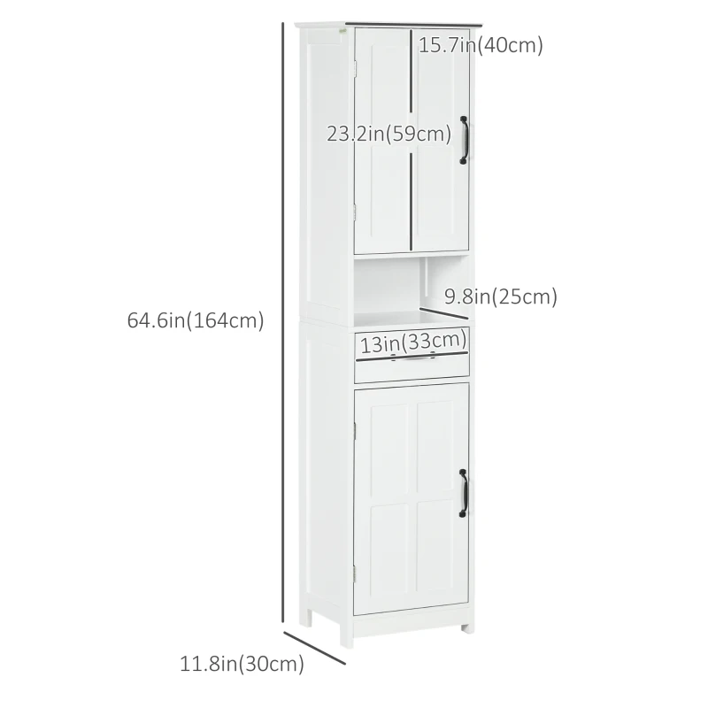 kleankin Modern Bathroom Cabinet, Narrow Bathroom Vanities with Open Shelf Drawer Recessed Doors and Adjustable Shelves White