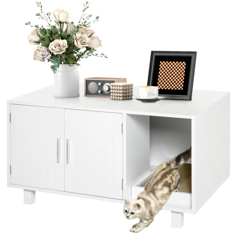 PawHut Cat Litter Box Enclosure, Hidden Litter Box Furniture, Cat House End Table Washroom with Scratching Pad, for Indoor Cats Kittens, White