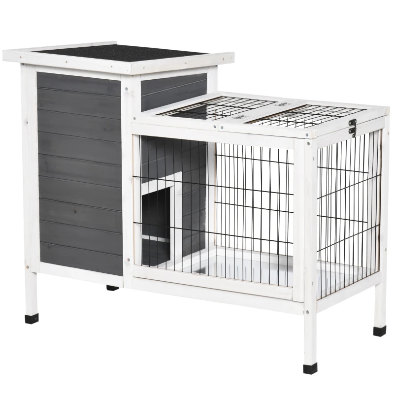 PawHut Outdoor Rabbit Hutch Wooden Bunny Hutch Rabbit Litter Box with Run,Open Roof, 36.25"L x 20"W x 30"H, Grey/White