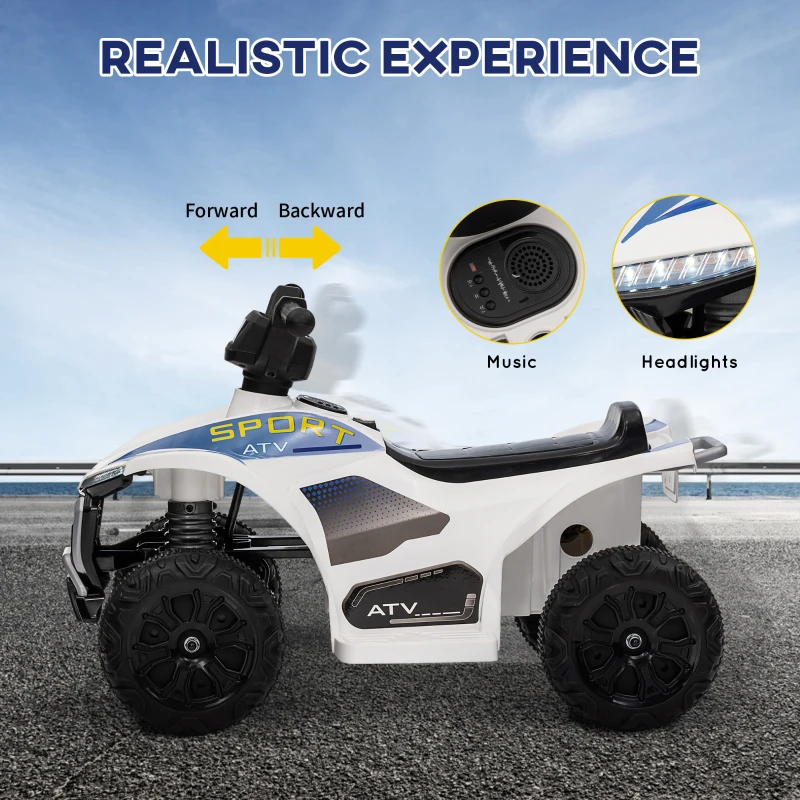 Qaba Kids ATV, 6V Battery Powered Electric Vehicle with Headlights, Music, Forward/Reverse Switch for 18-36 Months, White
