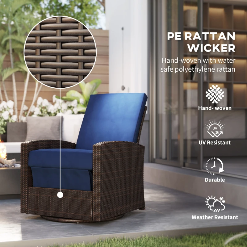 Outsunny Outdoor Rattan Wicker Lounge Chair with Footrest & Soft Cushion for Patio, Garden, Backyard, Dark Blue