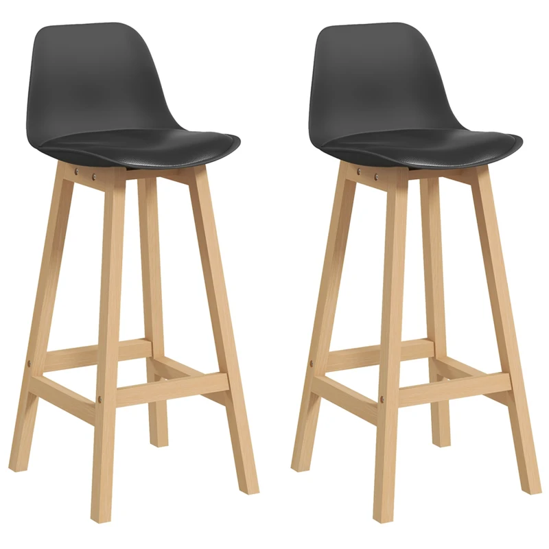 HOMCOM Bar Height Stools Set of 2, PU Leather Upholstered Stools for Kitchen Island, Modern Bar Chairs with Backs, Black