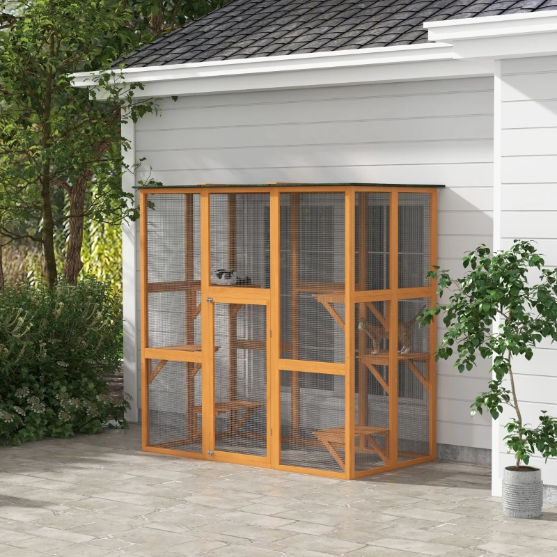 PawHut 71" x 39" x 71" Cat Cage, Large Outdoor Wooden Cat Patio with 6 Balanced Platforms and Asphalt Roof, Orange