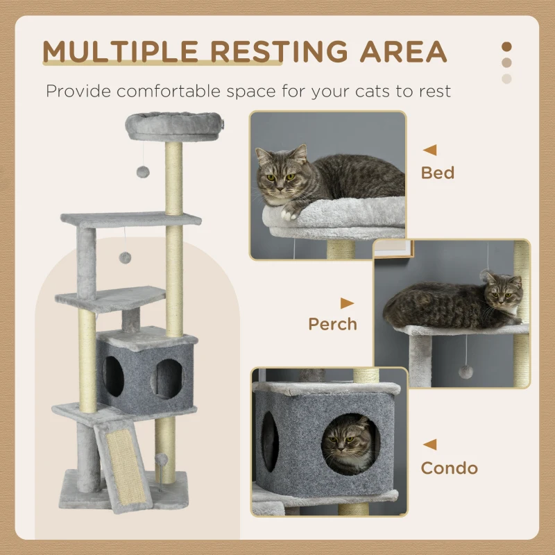 PawHut 57.5" Cat Tree with Scratching Posts, Large Cat Tower for Indoor Cats with Bed, House, Toys, Grey