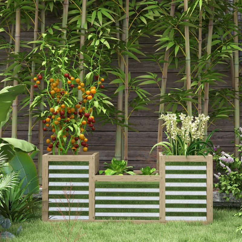 Outsunny Metal and Wood Combined Planter Box, Raised Garden Beds, for Growing Flowers, Herbs and Vegetables
