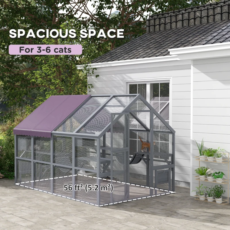 PawHut Outdoor Cat Enclosure Wooden Feral Cat House w/ Weatherproof Canopy, Bridges, Resting Boxes, Platforms, for 3-6 Cats