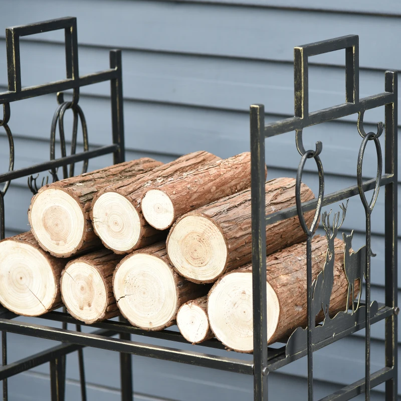 Outsunny 2-Layer Heavy Duty Firewood Rack Wood Log Fireplace Stacker  w/ 4 Tools, Black and Gold