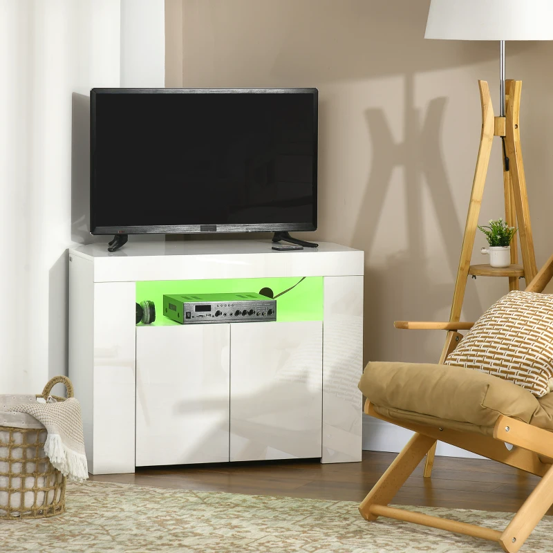 HOMCOM Corner TV Cabinet for 40 inches with LED Lights, High Gloss TV Stand with Cable Management and Open Shelf, White