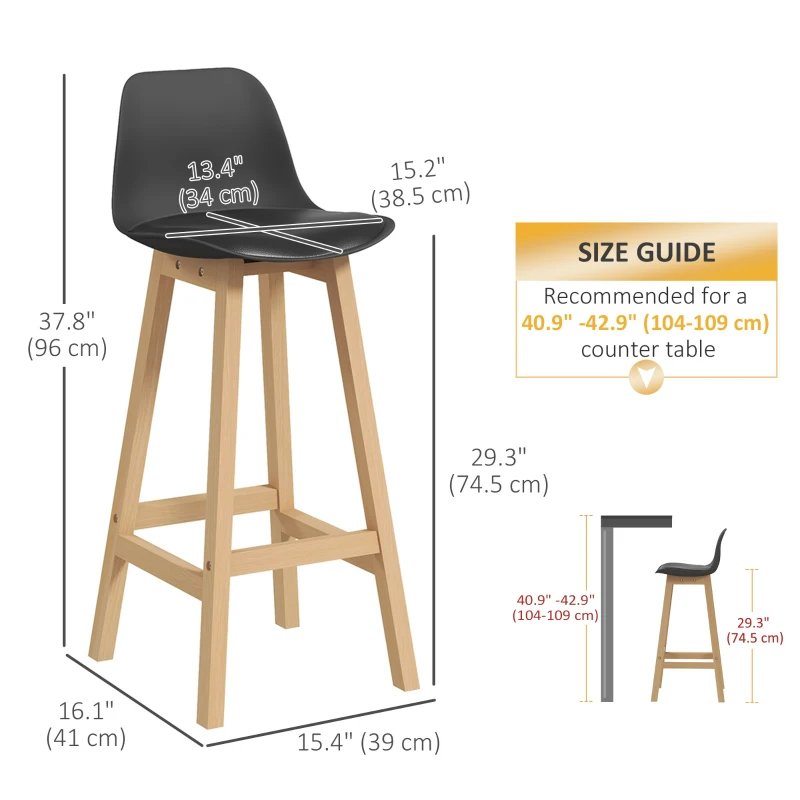 HOMCOM Bar Height Stools Set of 2, PU Leather Upholstered Stools for Kitchen Island, Modern Bar Chairs with Backs, Black