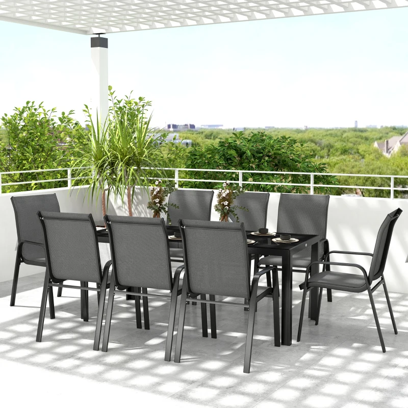 Outsunny 9 Pieces Patio Set with Stackable Chairs, Patio Dining Set with Glass Top for Garden, Patio, Backyard, Grey