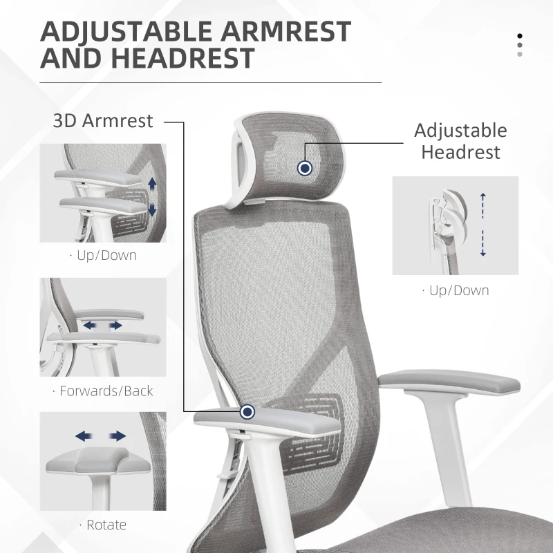 Vinsetto Ergonomic Office Chair with 360° , Wheel, Mesh Back, Adjustable Height & 3D Armrest for Home Office, Grey