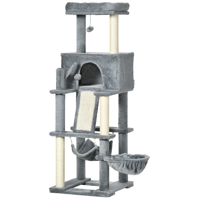 PawHut 55" Cat Tree for Indoor Cats, Cat Tower, Kitty Activity Center with Cat Bed Ramp Condo Hammocks Hanging Ball Toys Sisal Rope Scratching Post, Grey