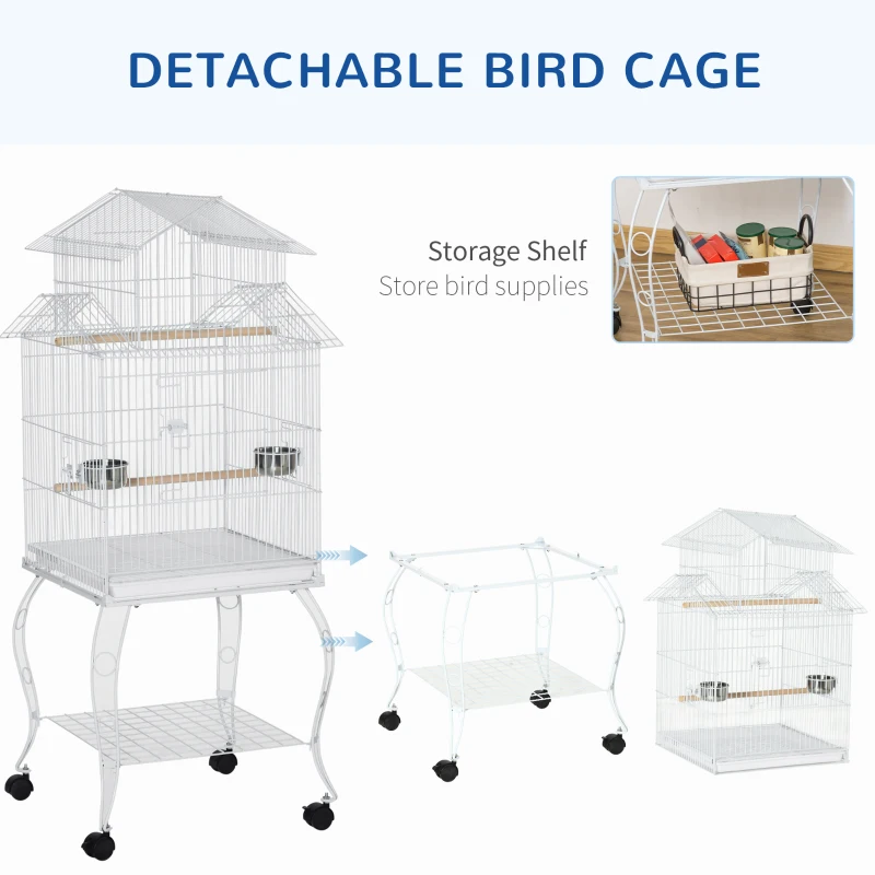 PawHut 53.9'' Large Rolling Steel Bird Cage Bird House with Detachable Rolling Stand, Storage Shelf, Wood Perch, Food Container, White