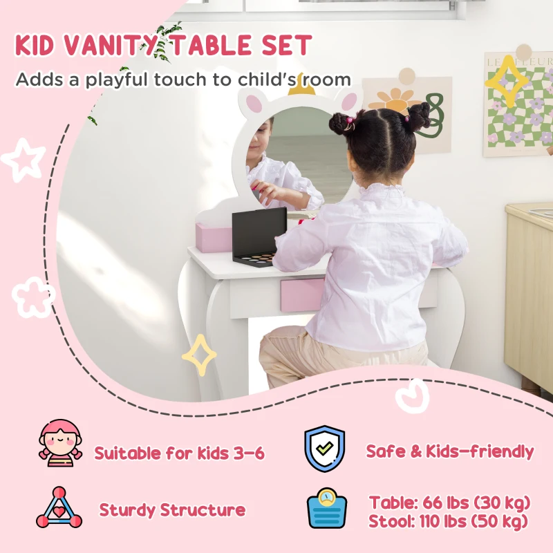 Qaba Kids Makeup Vanity Set with Stool, Mirror, Drawer, Storage Boxes, Unicorn Design, White