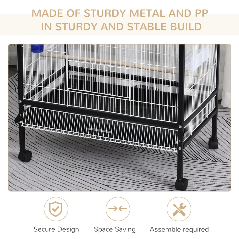 PawHut Bird Cage Conure Parrot Budgie Cage with Bird Perch & Wheels, Black and White