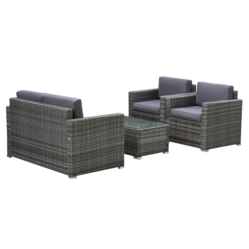 Outsunny 4 Pieces Patio Furniture Set w/ 4" Thick Cushions, PE Rattan Wicker Outdoor Sectional Sofa Set w/ Glass Top Coffee Table for Porch, Garden, Poolside, Balcony, Grey